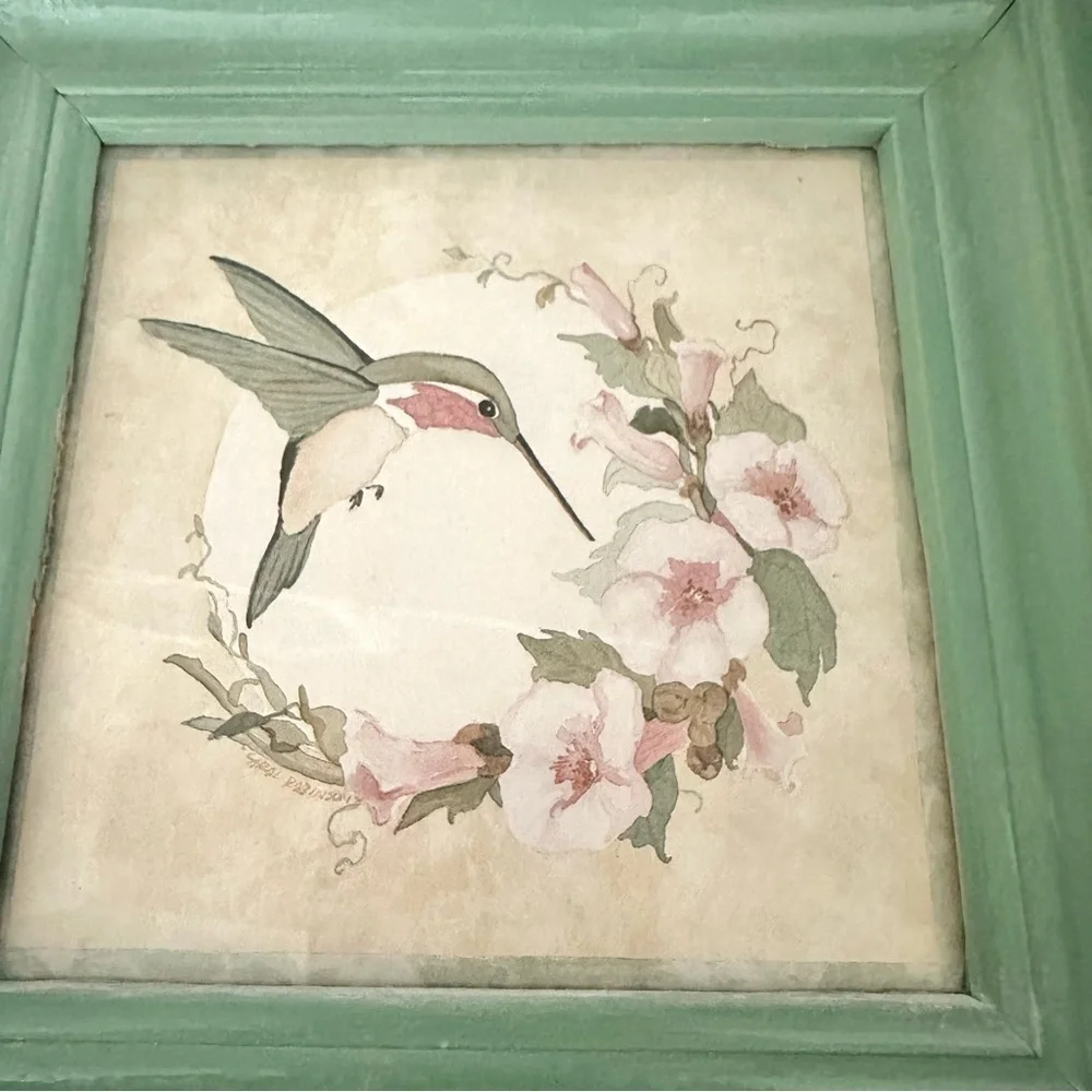 Pair Hummingbird Floral Watercolor Style Vintage Prints Seafoam Framed Wall Art